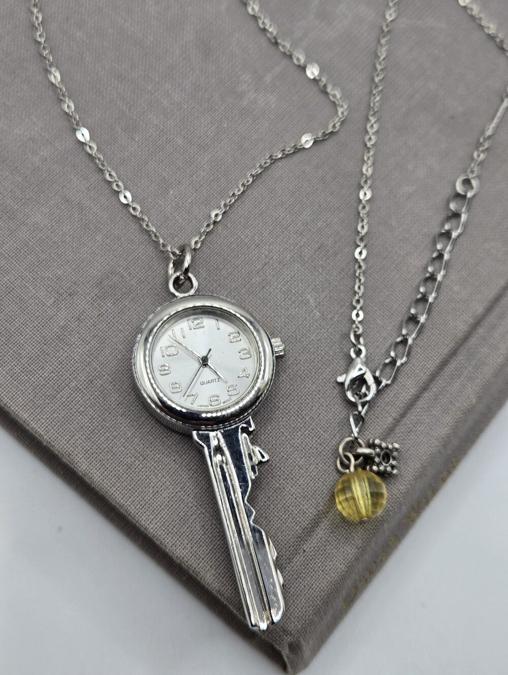 Silver Clock Watch Necklace Silver Key Charm grunge emo 90s Y2k aesthetic 22"